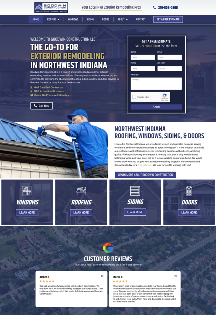 a webpage for a roofing company