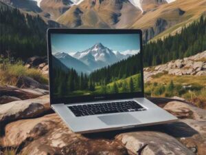 laptop with a mountain displayed on the screen